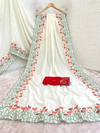 MODERN VICHITRA SILK THREAD EMBROIEDRY WORK SAREE WITH UNSTITCHED BLOUSE WHITE AND GREEN