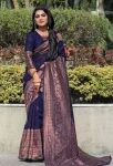 MOST PICKED LICHI SILK JACQUARD WORK SAREE WITH UNSTITCHED BLOUSE NAVY BLUE