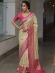 MOST PICKED LICHI SILK JACQUARD WORK SAREE WITH UNSTITCHED BLOUSE CREAM AND PINK