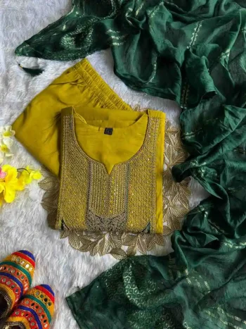 MOST PICKED ROMAN SILK EMBROIDERY WITH SEQUENCE WORK TOP BOTTOM WITH DUPATTA YELLOW