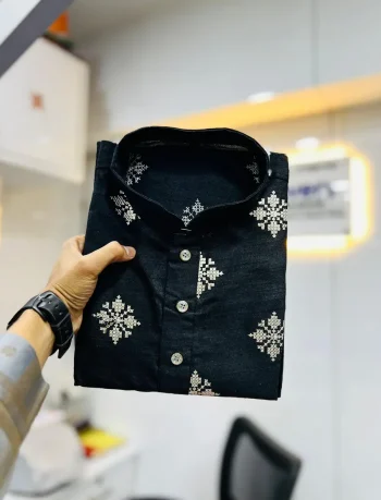 NEW ARRIVAL CARBON SILK CROTCH STITCH & MATE COPPER SEQUENCE WORK MEN'S KURTA PAYJAMA BLACK