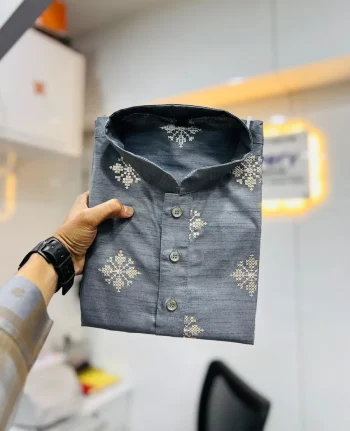NEW ARRIVAL CARBON SILK CROTCH STITCH & MATE COPPER SEQUENCE WORK MEN'S KURTA PAYJAMA GREY