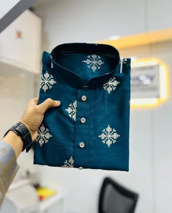 NEW ARRIVAL CARBON SILK CROTCH STITCH & MATE COPPER SEQUENCE WORK MEN'S KURTA PAYJAMA TEAL