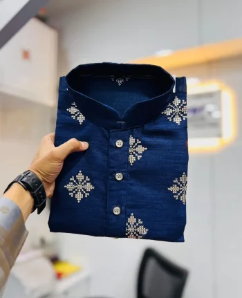 NEW ARRIVAL CARBON SILK CROTCH STITCH & MATE COPPER SEQUENCE WORK MEN'S KURTA PAYJAMA NAVY BLUE