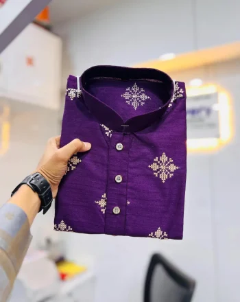 NEW ARRIVAL CARBON SILK CROTCH STITCH & MATE COPPER SEQUENCE WORK MEN'S KURTA PAYJAMA PURPLE