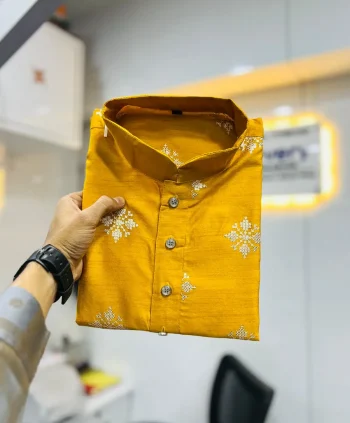 NEW ARRIVAL CARBON SILK CROTCH STITCH & MATE COPPER SEQUENCE WORK MEN'S KURTA PAYJAMA YELLOW
