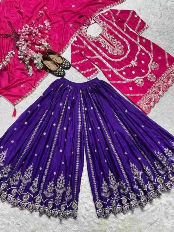NEW ARRIVAL CHINON EMBROIDERY CODING SEQUENCE WORK TOP PALAZZO WITH DUPATTA PINK AND PURPLE