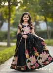 NEW ARRIVAL CHINON SILK POSITION PRINT FOIL WORK KID'S GOWN WITH DUPATTA BLACK