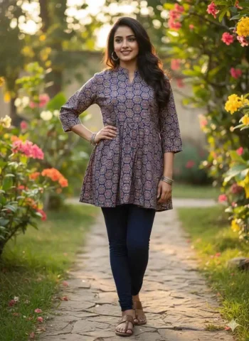 NEW ARRIVAL COTTON AJRAKH PRINT WORK TOP NAVY BLUE