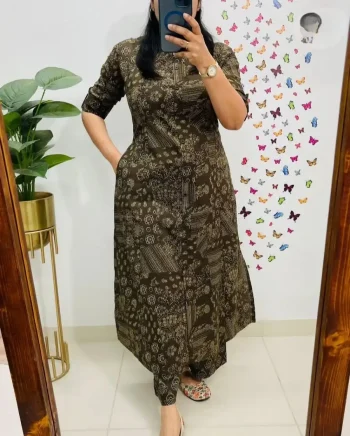 NEW ARRIVAL COTTON BLEND DIGITAL PRINT WORK CO-ORD SET BROWN