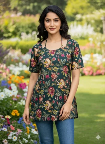 NEW ARRIVAL COTTON FLORAL PRINT WORK ONLY TOP TEAL