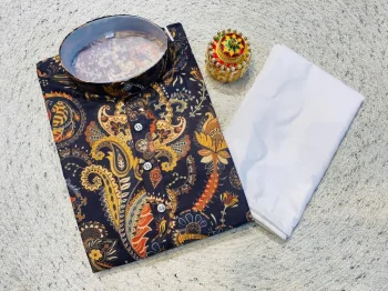 NEW ARRIVAL COTTON PRINT WORK MEN'S KURTA PAYJAMA NAVY BLUE