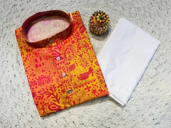 NEW ARRIVAL COTTON PRINT WORK MEN'S KURTA PAYJAMA ORANGE