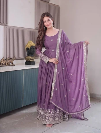 NEW ARRIVAL DIAMOND SILK EMBROIDERY SEQUENCE WORK GOWN WITH DUPATTA LAVENDER