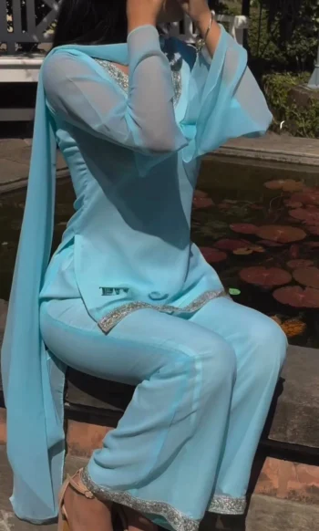 NEW ARRIVAL GEORGETTE EMBROIDERY 5 MM SEQUENCE & CODING DORI WORK TOP PALAZZO WITH DUPATTA SKY