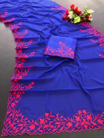 NEW ARRIVAL GEORGETTE MULTI EMBROIDERY STITCH WORK SAREE WITH UNSTITCHED BLOUSE BLUE