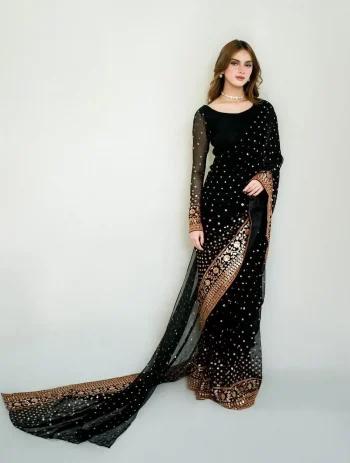 NEW ARRIVAL GEORGETTE SEQUENCE EMBROIDERY WORK SAREE WITH UNSTITCHED BLOUSE BLACK