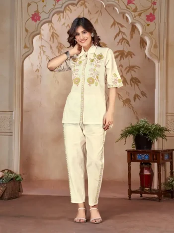 NEW ARRIVAL HANDLOOM COTTON EMBROIDERY WORK CO-ORD SET CREAM