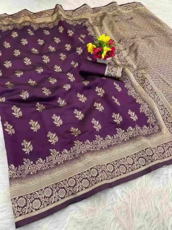 NEW ARRIVAL LICHI SILK BANARASI WEAVING WORK SAREE WITH UNSTITCHED BLOUSE PURPLE