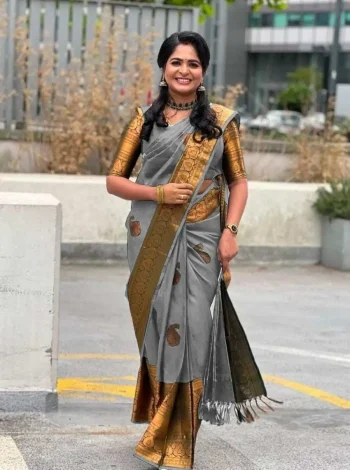 NEW ARRIVAL LICHI SILK RICH PALLU & JACQUARD WORK SAREE WITH UNSTITCHED BLOUSE GREY