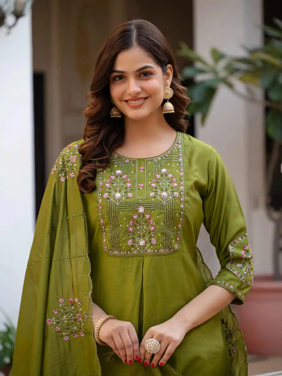 NEW ARRIVAL MANGO SILK EMBROIDERY SEQUENCE WITH HAND WORK TOP BOTTOM WITH DUPATTA FESTIVE WEAR WHOLESALE PRICE ETHNIC GARMENT (17)