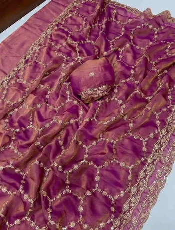 NEW ARRIVAL MOSS SILK SEQUENCE EMBROIDERY WORK WITH CUT BORDER WORK SAREE WITH UNSTITCHED BLOUSE ONION
