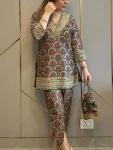 NEW ARRIVAL NATURAL CREPE EMBROIDERY AND SEQUENCE WITH DIGITAL PRINT WORK CO-ORD SET BROWN AND GREEN