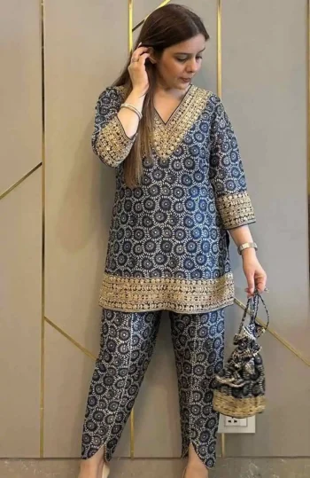 NEW ARRIVAL NATURAL CREPE EMBROIDERY AND SEQUENCE WITH DIGITAL PRINT WORK CO-ORD SET BLUE