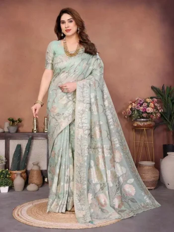 NEW ARRIVAL PASHMINA SILK KASHMIRI THREAD WOVEN PALLU WITH HEAVY RAJWADI ZARI WEAVING WORK SAREE WITH UNSTITCHED BLOUSE MINT