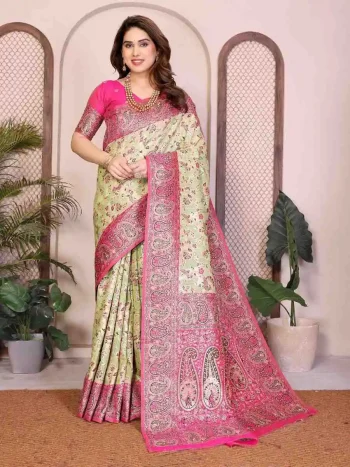 NEW ARRIVAL PASHMINA SILK KASHMIRI THREAD WOVEN PALLU WITH HEAVY RAJWADI ZARI WEAVING WORK SAREE WITH UNSTITCHED BLOUSE CREAM AND PINK