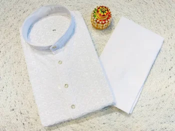 NEW ARRIVAL RAYON EMBROIDERY THREAD WORK MEN'S KURTA PAYJAMA WHITE