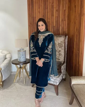 NEW ARRIVAL VELVET EMBROIDERY SEQUENCE WORK TOP BOTTOM WITH DUPATTA BLUE