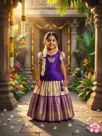 PURE MONO HAND WORK KID'S TOP LEHENGA SET PURPLE AND CREAM