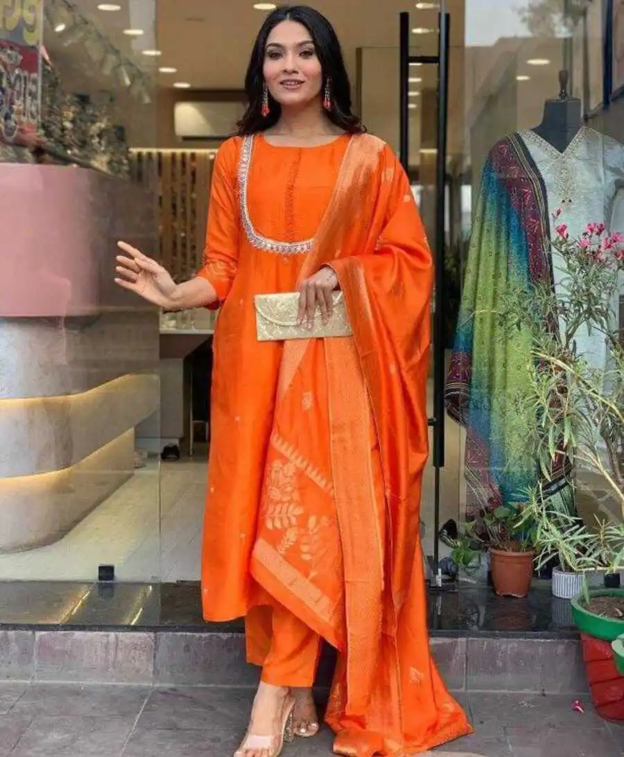 RICH LOOK CHANDERI SEQUENCE CODING EMBROIDERY +HAND WORK TOP BOTTOM WITH DUPATTA FESTIVE WEAR WHOLESALE PRICE ETHNIC GARMENT (3)