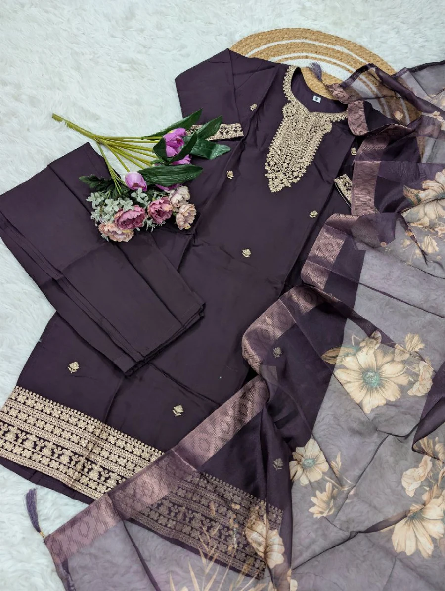RICH LOOK CHANDERI SEQUENCE CODING EMBROIDERY WORK TOP BOTTOM WITH DUPATTA FESTIVE WEAR WHOLESALE PRICE ETHNIC GARMENT (1)