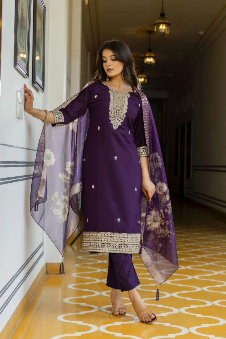 RICH LOOK CHANDERI SEQUENCE CODING EMBROIDERY WORK TOP BOTTOM WITH DUPATTA FESTIVE WEAR WHOLESALE PRICE ETHNIC GARMENT (3)