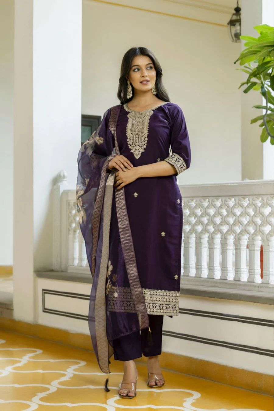 RICH LOOK CHANDERI SEQUENCE CODING EMBROIDERY WORK TOP BOTTOM WITH DUPATTA FESTIVE WEAR WHOLESALE PRICE ETHNIC GARMENT (6)