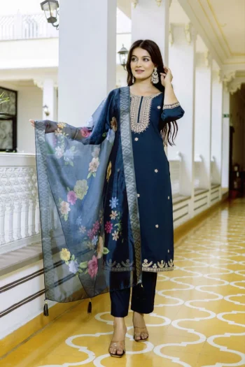 RICH LOOK CHANDERI SEQUENCE CODING EMBROIDERY WORK TOP BOTTOM WITH DUPATTA TEAL