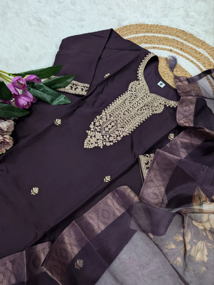 RICH LOOK CHANDERI SEQUENCE CODING EMBROIDERY WORK TOP BOTTOM WITH DUPATTA FESTIVE WEAR WHOLESALE PRICE ETHNIC GARMENT (9)