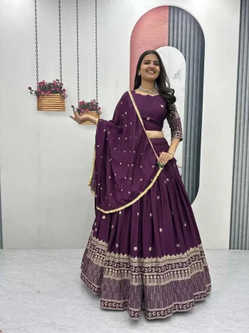 RICH LOOK CHINON EMBROIDERY THREAD AND SEQUENCE WORK LEHENGA CHOLI WITH DUPATTA WINE