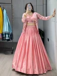 RICH LOOK CHINON PLAIN LEHENGA EMBROIDERY PATTERN WORK CHOLI AND KOTI PEACH
