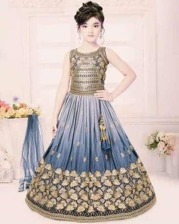 RICH LOOK CHINON SILK SEQUENCE EMBROIDERY WORK KID'S LEHENGA CHOLI WITH DUPATTA BLUE