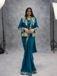 RICH LOOK CREPE EMBROIDERY SEQUENCE CODING WORK READY TO WEAR SAREE WITH BLOUSE AND KOTI TEAL