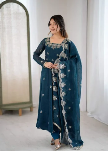 RICH LOOK CRUNCHY SILK EMBROIDERY SEQUENCE WORK GOWN BOTTOM WITH DUPATTA BLUE