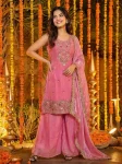 RICH LOOK FENDY SILK BEADS EMBROIDERY SEQUENCE THREAD WORK TOP PALAZZO WITH DUPATTA BABY PINK