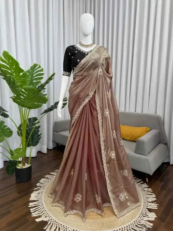RICH LOOK FENDY SILK BEADS WITH THREAD & SEQUENCE WORK SAREE WITH UNSTITCHED BLOUSE ONION