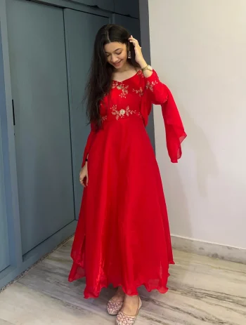 RICH LOOK FENDY THREAD, EMBROIDERY , CODING AND SEQUENCE WORK GOWN WITH DUPATTA  RED