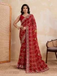 RICH LOOK GEORGETTE BANDHEJ PRINT WITH CUTWORK LACE BORDER WORK SAREE WITH UNSTITCHED BLOUSE RED