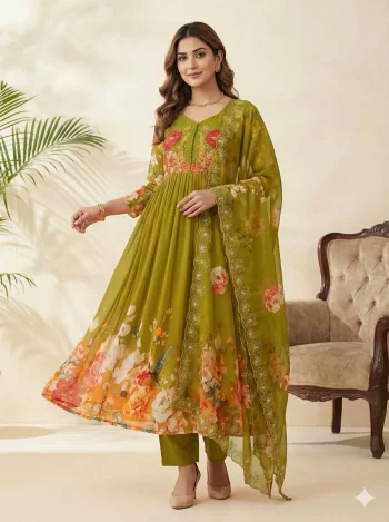 RICH LOOK GEORGETTE DIGITAL PRINT AND HANDWORK GOWN BOTTOM WITH DUPATTA PARROT GREEN