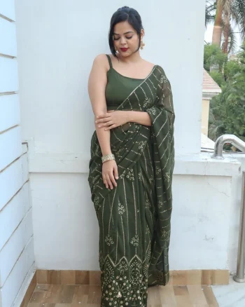 RICH LOOK GEORGETTE EMBROIDERY SEQUENCE WORK WITH PIPING LACE WORK SAREE WITH UNSTITCHED BLOUSE MEHNDI